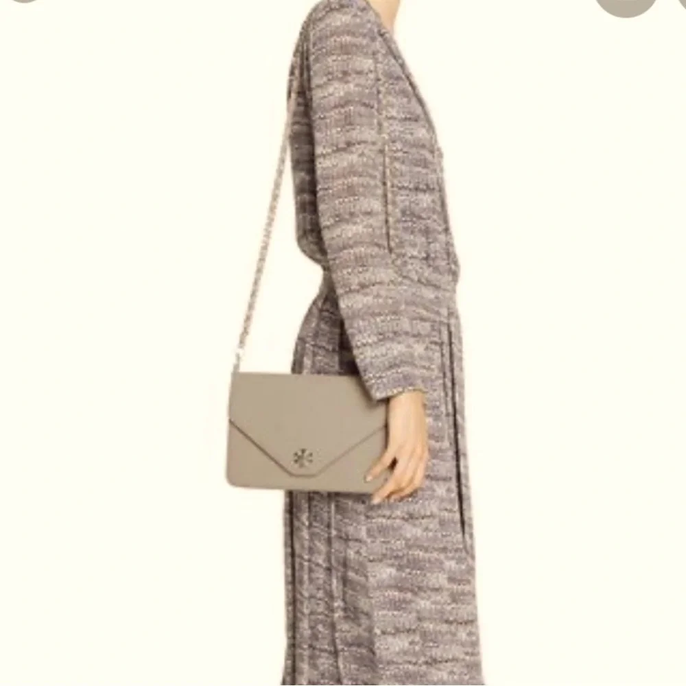 Tory Burch Kira Leather Envelope Convertible Clutch Crossbody Chain Champagne